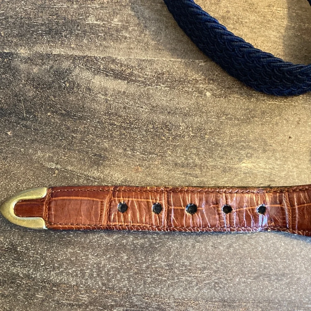 Men's Blue Brown‎ Stretch Woven Belt Size 46 Preppy Casual Classic Brass Buckle